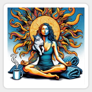 Meditating Woman and Cat Sticker